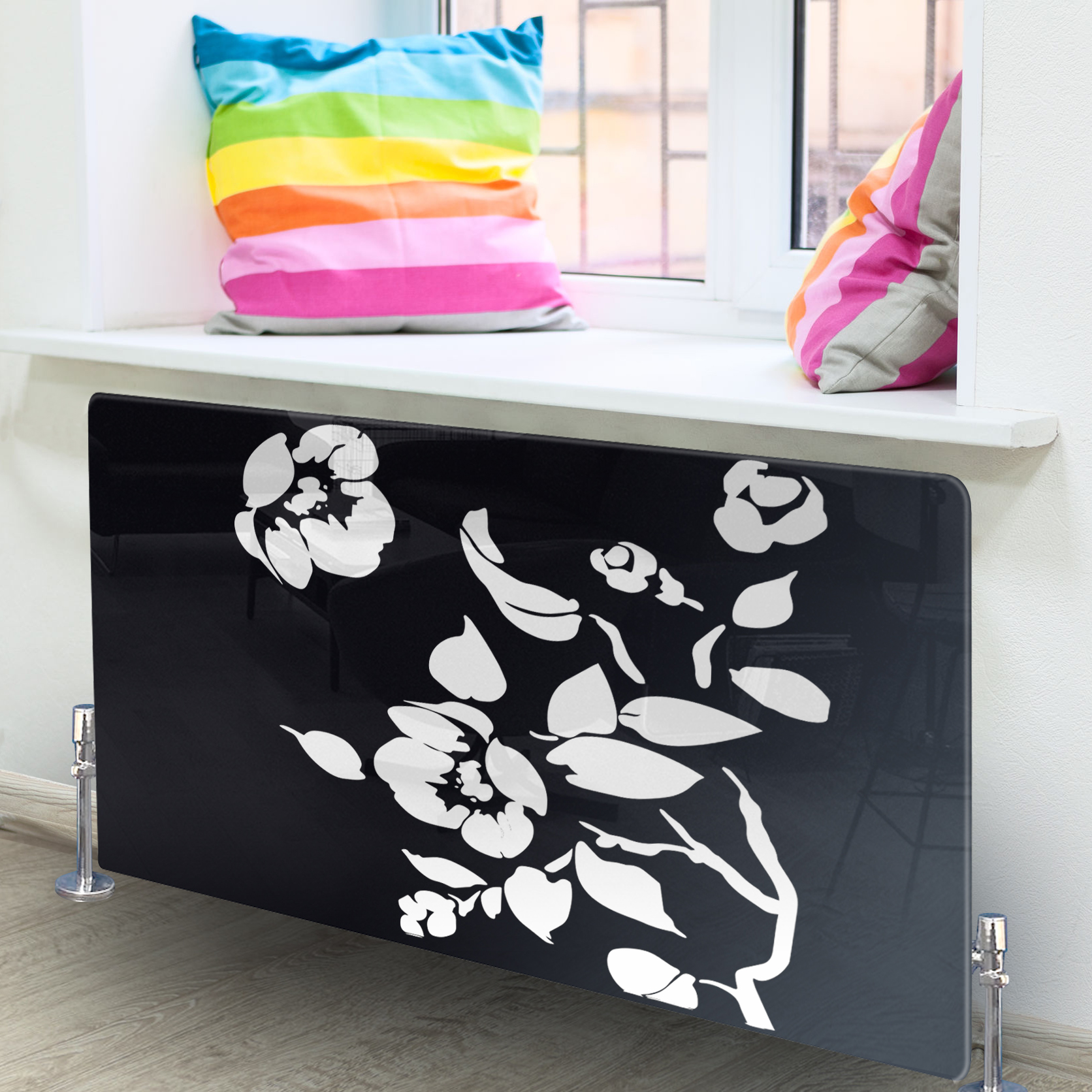 Radiator Art Black Floral Toughened Glass Radiator Cover Large Glass
