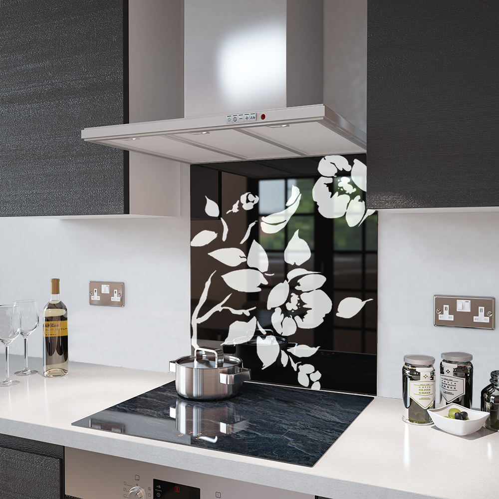 Premier Range Black Floral Toughened Safety Glass Splashback eBay