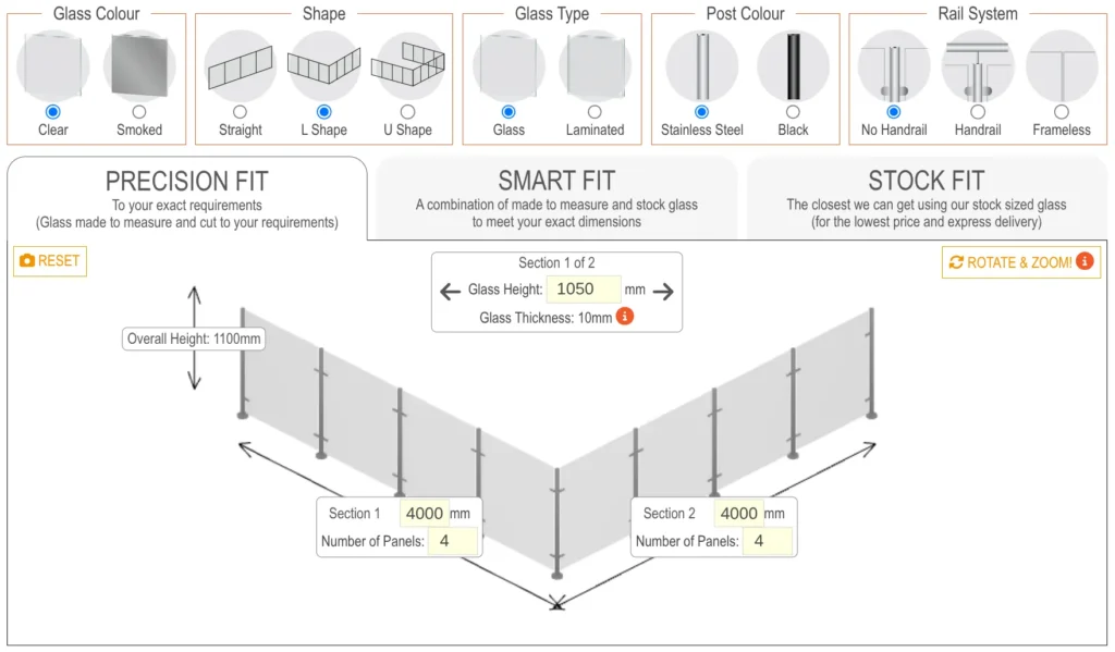 Example of the "L Shape" Glass Balustrade Designer