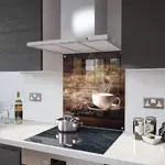 White Coffee Cup With Beans - Kitchen Glass Splashback With Fixing Holes - 110cm Wide x 75cm High
