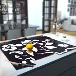 Glass Hob Cover / Chopping Board in Black Floral - 90cm Wide x 52cm High