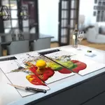 Glass Hob Cover / Chopping Board in Peppers In Water On White - 90cm Wide x 52cm High