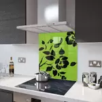 Lime Floral - Black Flower Glass Splashback - 70cm Wide x 75cm High