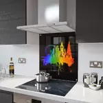 Glass Splashback With Fixing Holes in 'Pride' London on Black - 100cm Wide x 65cm High