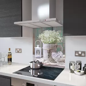 Lifestyle image of Glass Splashback in Flowers, Bucket and Lantern - 60cm Wide x 75cm High