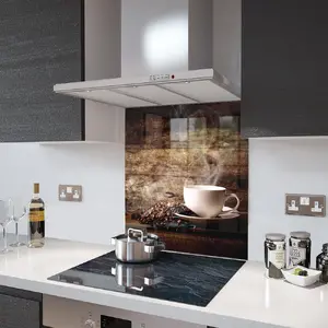 Lifestyle image of Glass Splashback in White Coffee Cup With Beans - 60cm Wide x 75cm High