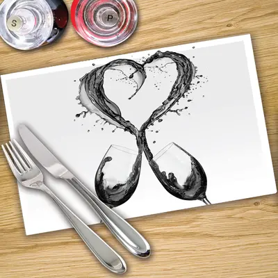 Digital Print Placemat x 4 - Wine Splash Heart BW