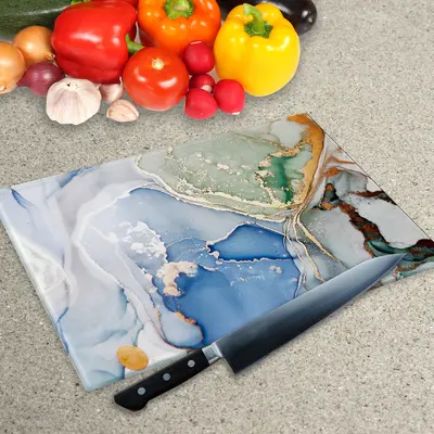 Glass Chopping Board - Worktop Saver In Blue Green