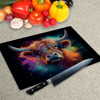 Glass Chopping Board - Worktop Saver In Highland Cow On Black