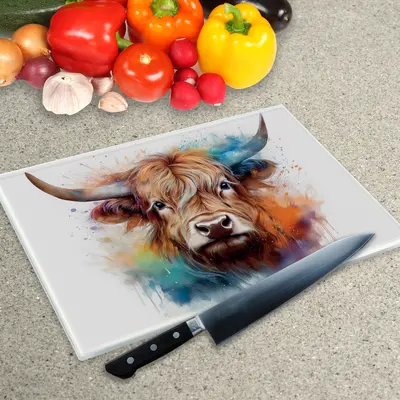 Glass Chopping Board - Worktop Saver In Highland Cow On White