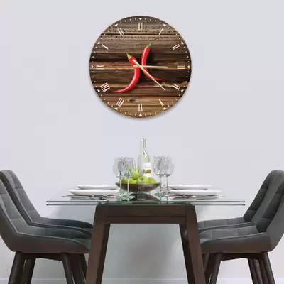 Glass Clock in 2 Chillies on Chopping Board - 50cm Wide