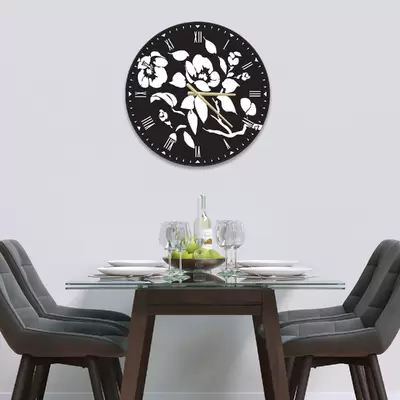 Glass Clock in Black Floral - 30cm Wide