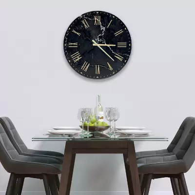 Glass Clock in Black Marble - 30cm Wide