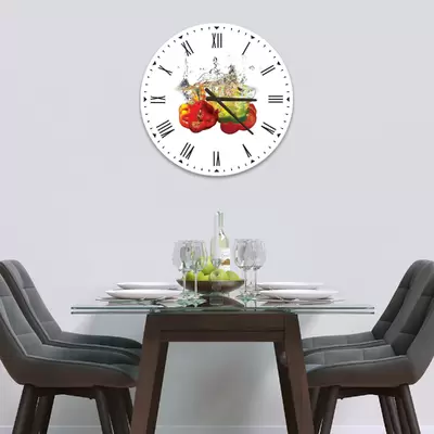 Glass Clock in Peppers In Water On White - 30cm Wide