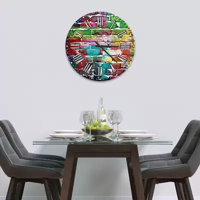 Glass Clock in Rainbow Brick Wall - 30cm Wide