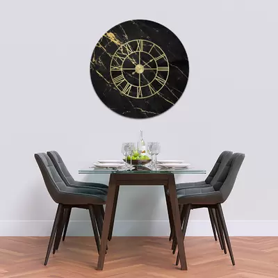 Glass Clock With Skeleton Frame in Black Gold Veins - 60cm Wide
