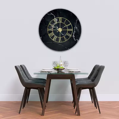 Glass Clock With Skeleton Frame in Black Marble White Veins - 100cm Wide