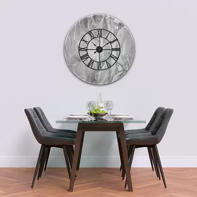 Glass Clock With Skeleton Frame in Grey Marble - 70cm Wide