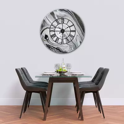 Glass Clock With Skeleton Frame in Liquid Silver - 50cm Wide