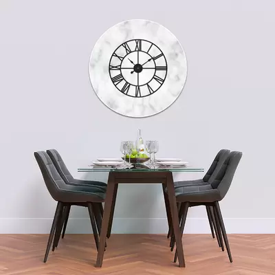 Glass Clock With Skeleton Frame in White Italian Marble - 100cm Wide