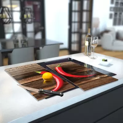 Glass Hob Cover / Chopping Board in 2 Chillies On Chopping Board - 60cm Wide x 52cm High