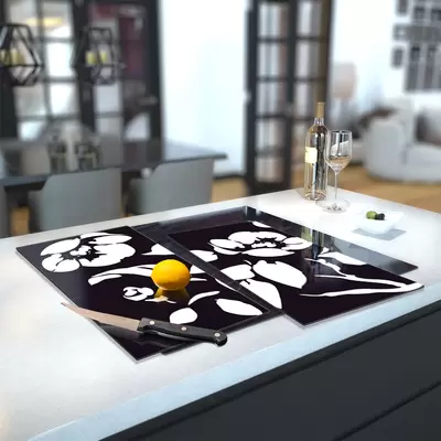 Glass Hob Cover / Chopping Board in Black Floral - 60cm Wide x 52cm High