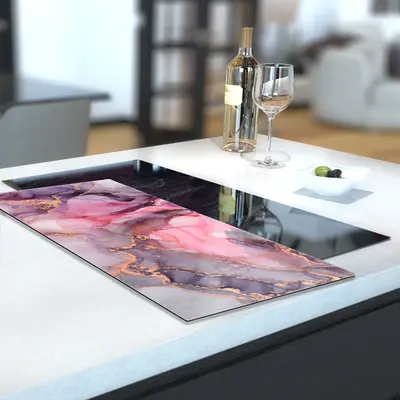 Glass Hob Cover / Chopping Board in Liquid Pink Marble - 30cm Wide x 52cm High