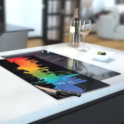 Glass Hob Cover / Chopping Board in London Fusion on Black - 30cm Wide x 52cm High