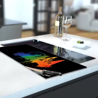 Glass Hob Cover / Chopping Board in 'Pride' London on Black - 30cm Wide x 52cm High