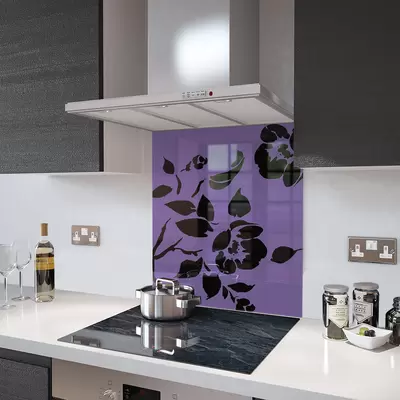 Lilac Floral - Black Flower Glass Splashback - 90cm Wide x 75cm High