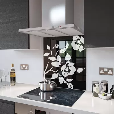 Black Floral - Kitchen Glass Splashback - 65cm Wide x 100cm High