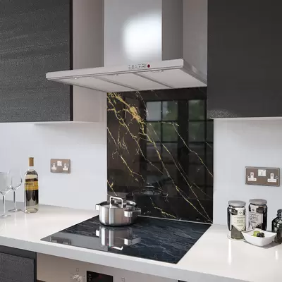 Glass Splashback With Fixing Holes in Black Gold Veins - 60cm Wide x 100cm High