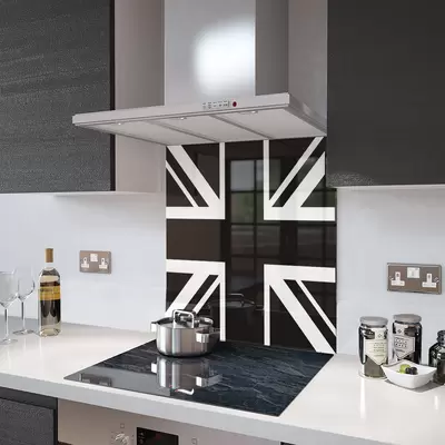 Glass Splashback With Fixing Holes in Black N White Union Jack - 60cm Wide x 100cm High