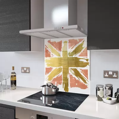 Glass Splashback With Fixing Holes in Copper N Gold Painted Union Jack - 60cm Wide x 100cm High