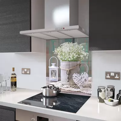 Flowers, Bucket and Lantern - Kitchen Glass Splashback - 90cm Wide x 40cm High