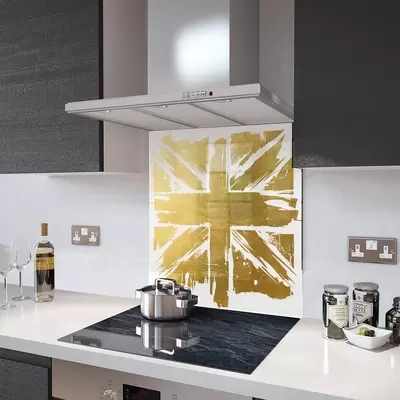 Glass Splashback With Fixing Holes in Gold Painted Union Jack - 60cm Wide x 100cm High