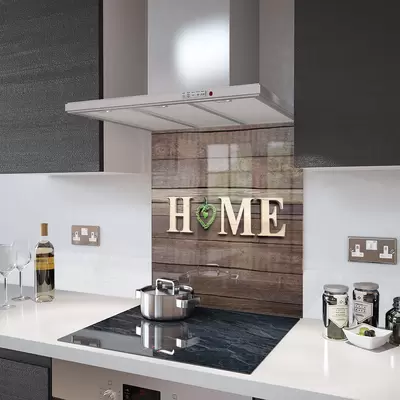 Glass Splashback With Fixing Holes in Home and Green Heart - 60cm Wide x 100cm High
