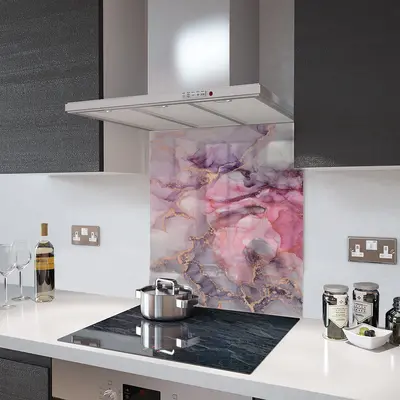 Glass Splashback With Fixing Holes in Liquid Pink Marble - 75cm Wide x 90cm High