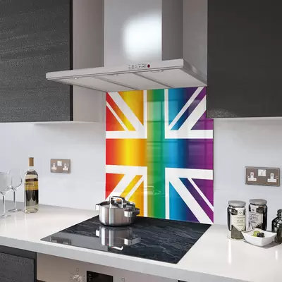 Glass Splashback With Fixing Holes in Rainbow Union Jack - 60cm Wide x 100cm High