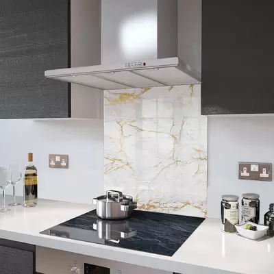 Glass Splashback in White Gold Veins - 75cm Wide x 90cm High