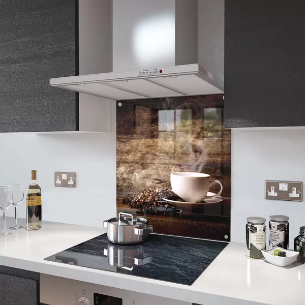 Glass Splashback With Fixing Holes in White Coffee Cup With Beans - 60cm Wide x 100cm High