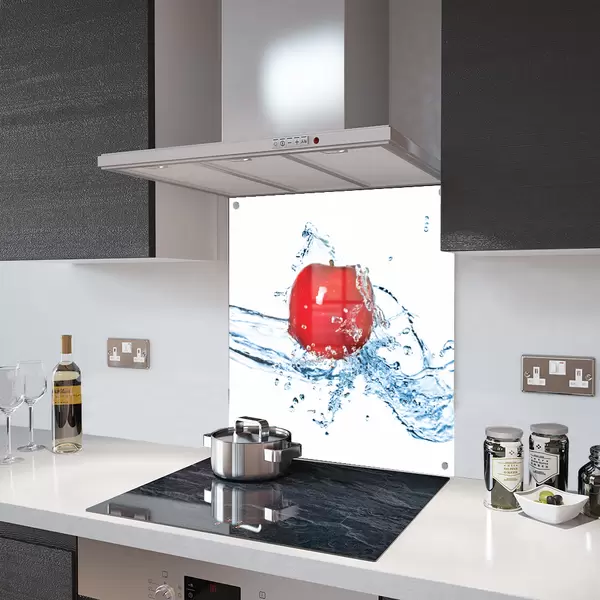 Glass Splashback With Fixing Holes in Red Apple Splash - 60cm Wide x 100cm High