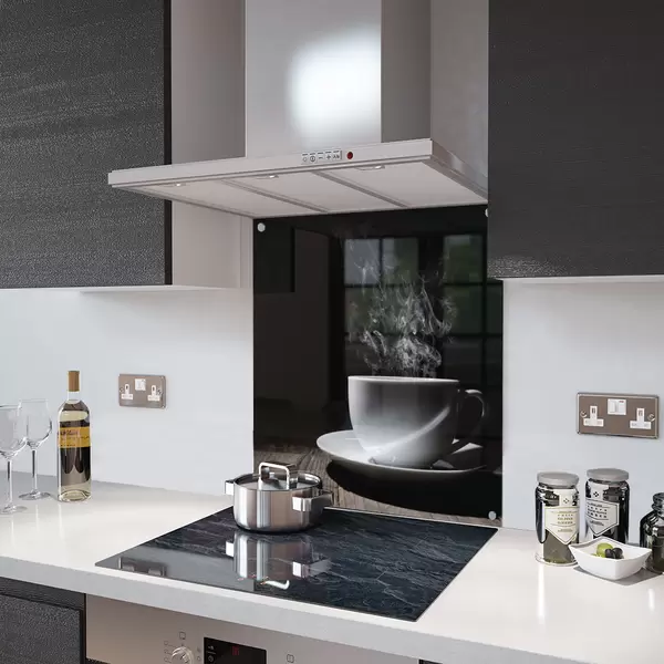 Glass Splashback With Fixing Holes in White Coffee Cup - 60cm Wide x 100cm High