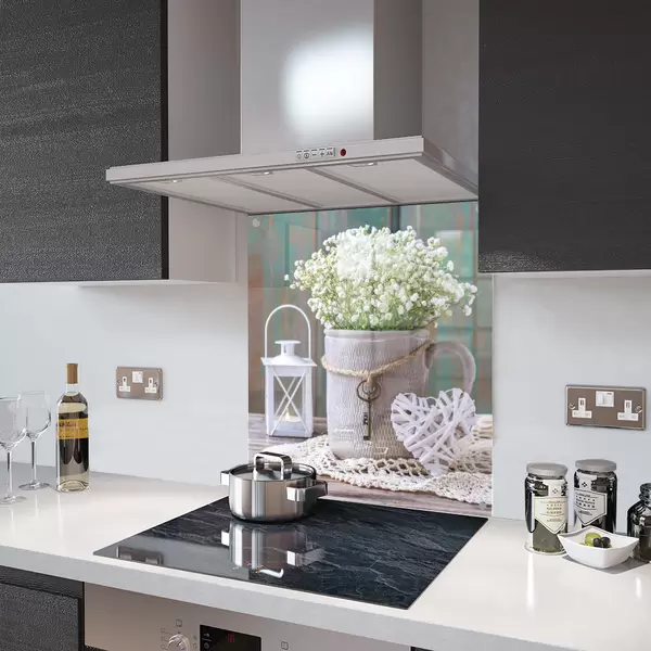 Glass Splashback With Fixing Holes in Flowers, Bucket and Lantern - 60cm Wide x 100cm High