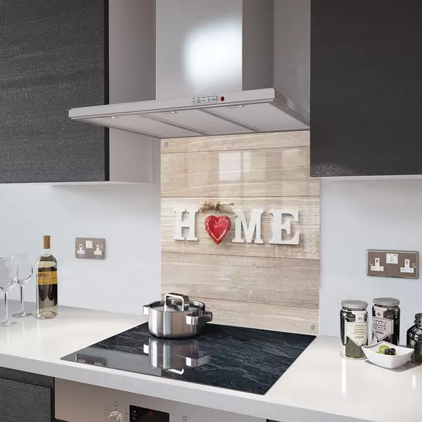 Glass Splashback With Fixing Holes in Home and Red Heart - 60cm Wide x 100cm High