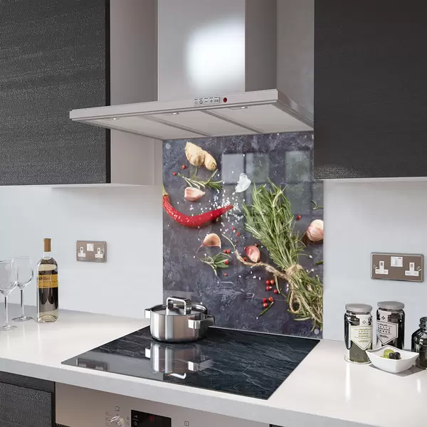 Glass Splashback With Fixing Holes in Herbs and Spices - 60cm Wide x 100cm High