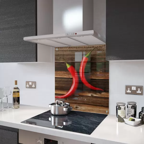Glass Splashback With Fixing Holes in 2 Chillies on Chopping Board - 60cm Wide x 100cm High