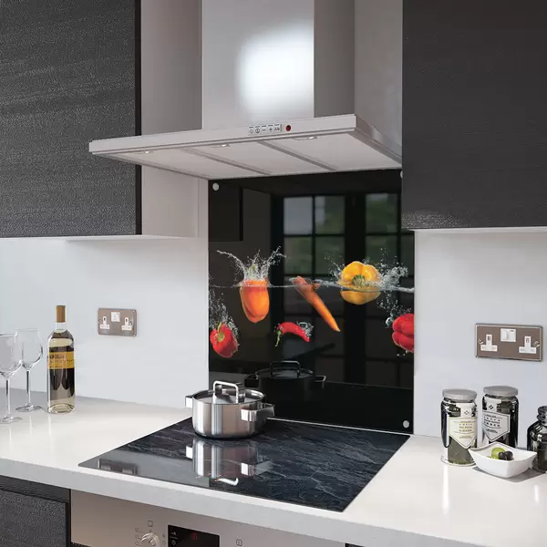 Glass Splashback With Fixing Holes in Peppers and Chilli Splash - 60cm Wide x 100cm High