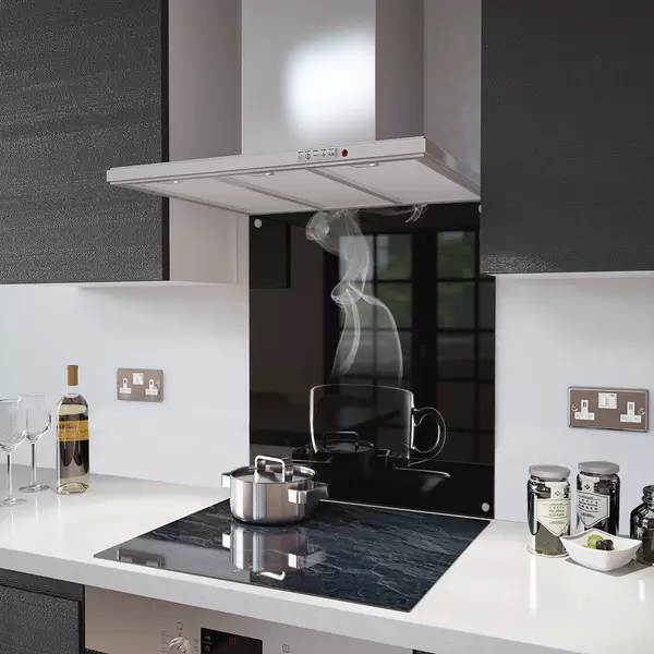 Glass Splashback With Fixing Holes in Black Coffee Cup - 60cm Wide x 100cm High