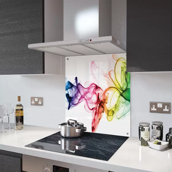 Glass Splashback With Fixing Holes in Rainbow Smoke on White - 60cm Wide x 100cm High